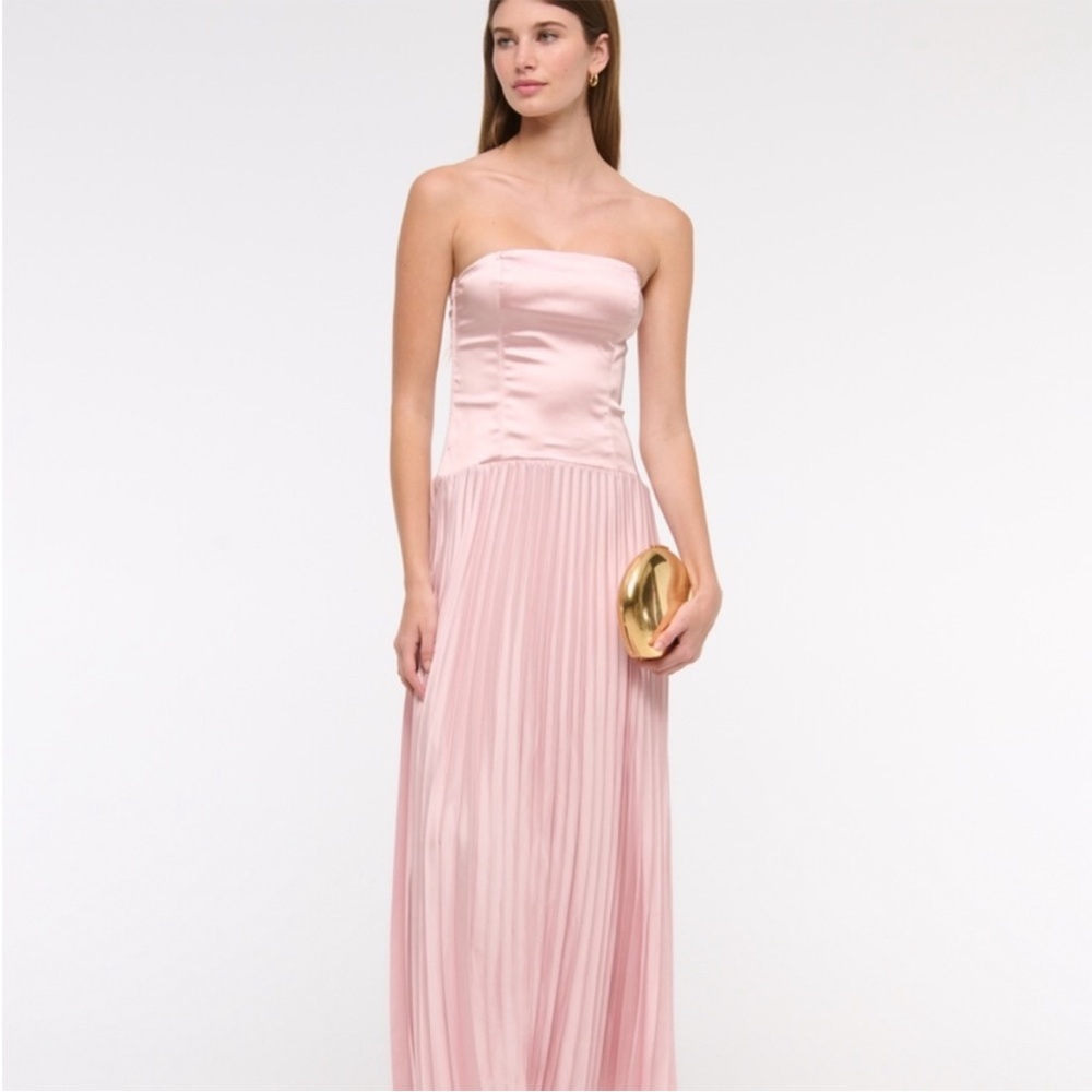 Strapless Pleated Satin Maxi Dress in Blush Pink